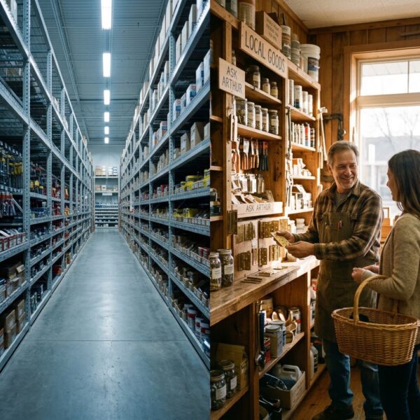 Stark big box hardware store compared to warm local friendly hardware store